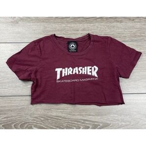 Thrasher Women's Skateboard Magazine Y2K Skater Cropped T Shirt Maroon Size S